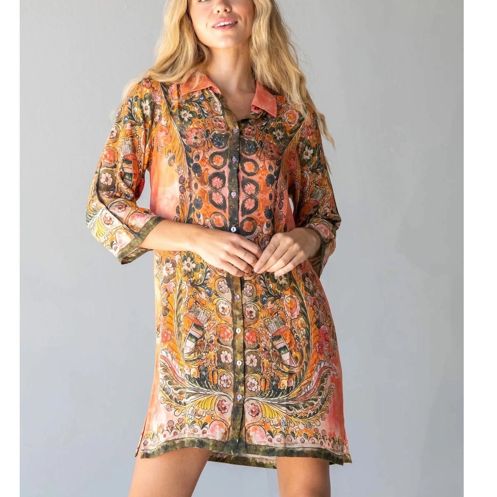 Natural Life Fiona Tunic Dress Orange Paisley Large Button Front Rayon Boho